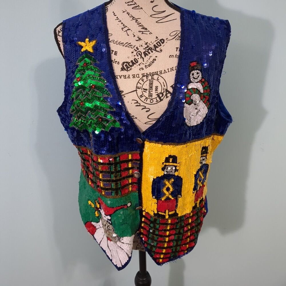 JUST FABULOUS Christmas Santa nutcracker snowman Sequin Vest Size MEDIUM Silk